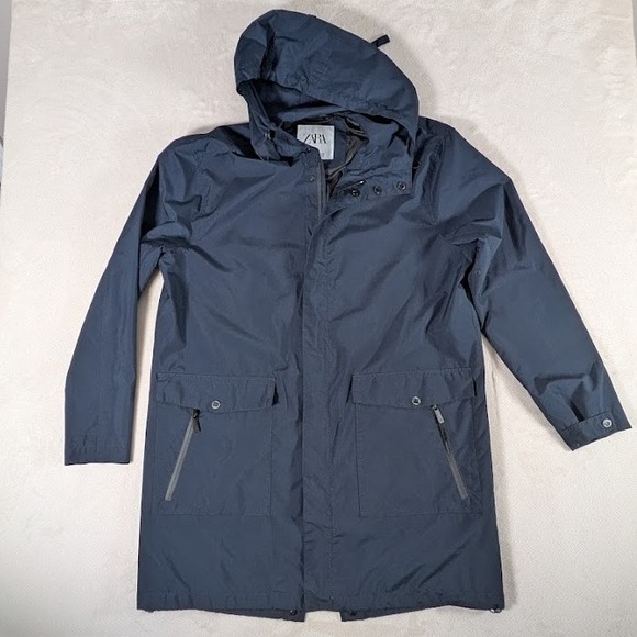 Zara Jackets & Blazers - Zara Navy Blue Hooded Rain Trench